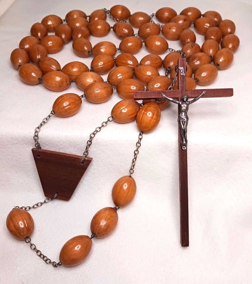 Antique Olive Wood Priest Monk Beads Rosary 66" Necklace Cross Crucifix Wall Art